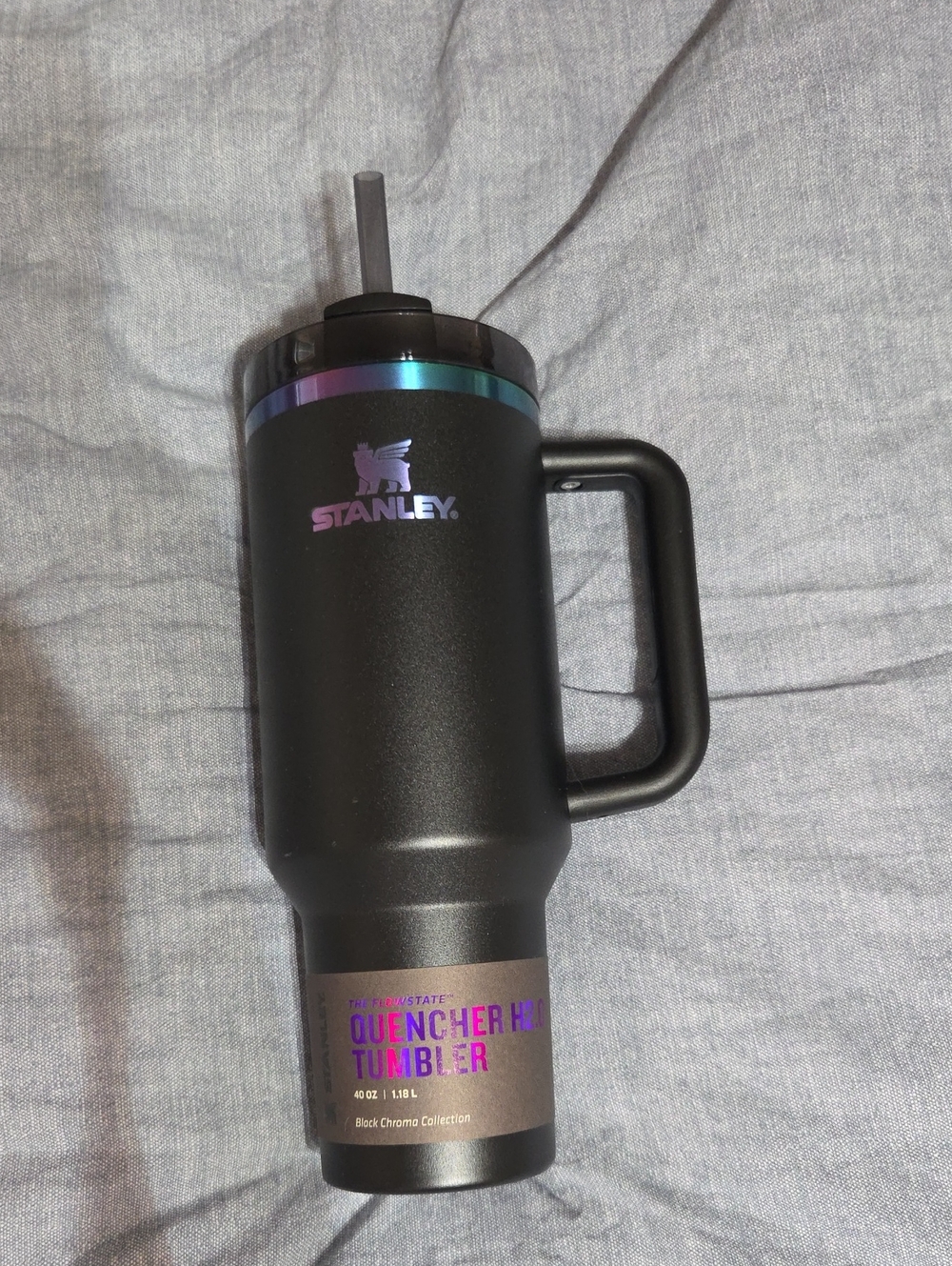 Stanley Black Travel Tumbler with Iridescent Logo and Rim